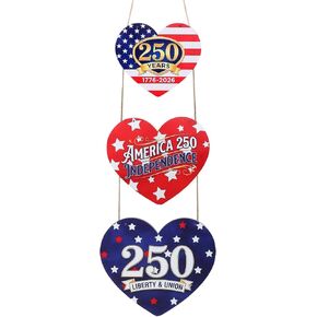 250th Anniversary 4th of July Door Sign, Patriotic Heart-Shaped Hanging Wall Decor, Red White Blue America Independence Day Wooden Sign for Front Door, Home, Porch Decorations in Saudi Arabia