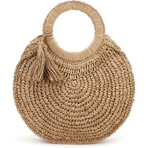 Round Paper Straw Tote Bag for Women Handwoven Purses with Tassel Beach Bag Summer Vacation in Kuwait
