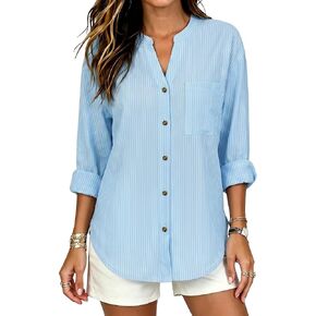 JEKAOYI Womens Button Down Shirts Long Sleeve Striped Rolled Cuffed Cotton Tops V Neck Casual Blouses with Pockets in Saudi Arabia