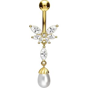 PIERCINGLINE surgical steel dangle belly button piercing with butterfly + synthetic pearl - belly button ring surgical steel, gold, silver, rosegold piercing - new version with improved durability in Saudi Arabia