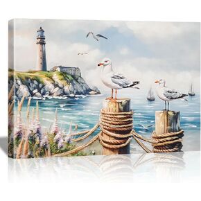 DRLWGTY Large Canvas Wall Art, Framed Vintage Coastal Wall Decor – Seagull by the Sea with Lighthouse and Waves,Hand-Painted Accent Details for Bedroom Living Room Office (Seagulls, 28*40 in, Wrapped Canvas) in Saudi Arabia