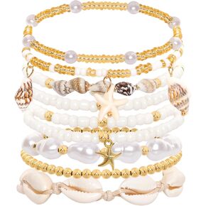 Boho Beach Bracelets Set for Women Shell Beaded Stretch Bracelets Multilayer Seashell Starfish Handmade Summer Jewelry Stackable Gold Plated Beads Bracelet for Vacation in Saudi Arabia