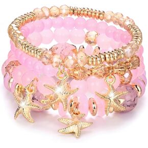 Kakonia 4Pcs Boho Bracelets for Women Stackable Beaded Stretch Bracelet Set Trendy Bohemian Butterfly Starfish Sacred Tree Heart Charms Layered Bracelet Stack Summer Beach Jewelry Gifts in Saudi Arabia