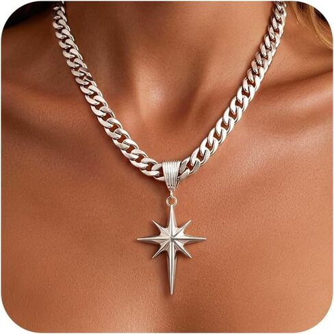 Chunky Star Necklace for Women, 14K Gold Plated Sliver Trendy Statement Necklaces Large Mango Star Charm Pendant Necklace Thick Cuban Chain Non Tarnish Jewelry in Saudi Arabia