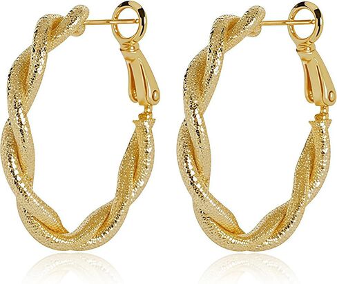 14K Gold Plated Twisted Hoop Earrings 30mm Women Chunky Matte Sparkle Hoops Hypoallergenic 925 Sterling Silver Posts Lightweight Trendy Jewelry Sensitive Ears in Saudi Arabia