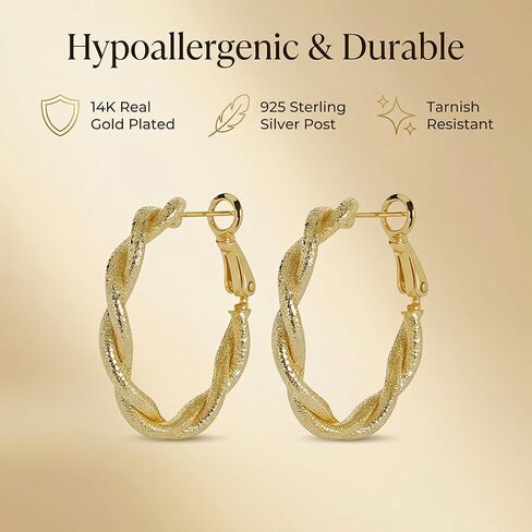 14K Gold Plated Twisted Hoop Earrings 30mm Women Chunky Matte Sparkle Hoops Hypoallergenic 925 Sterling Silver Posts Lightweight Trendy Jewelry Sensitive Ears in Saudi Arabia