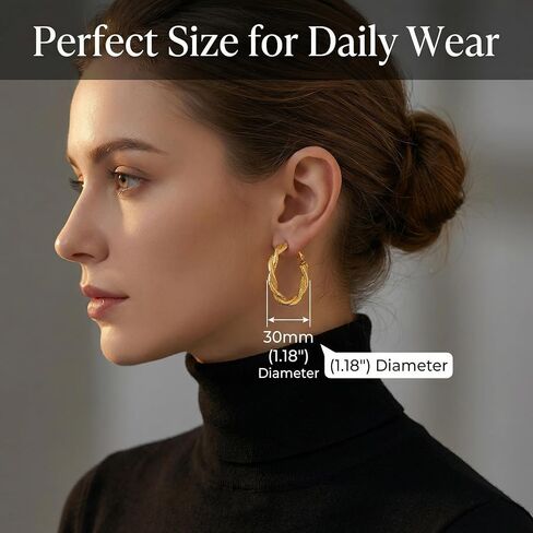 14K Gold Plated Twisted Hoop Earrings 30mm Women Chunky Matte Sparkle Hoops Hypoallergenic 925 Sterling Silver Posts Lightweight Trendy Jewelry Sensitive Ears in Saudi Arabia
