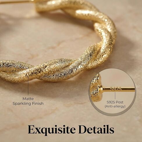14K Gold Plated Twisted Hoop Earrings 30mm Women Chunky Matte Sparkle Hoops Hypoallergenic 925 Sterling Silver Posts Lightweight Trendy Jewelry Sensitive Ears in Saudi Arabia