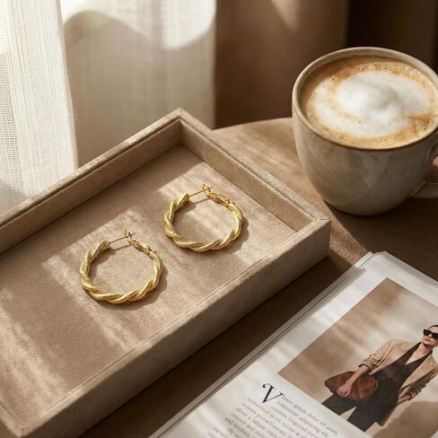 14K Gold Plated Twisted Hoop Earrings 30mm Women Chunky Matte Sparkle Hoops Hypoallergenic 925 Sterling Silver Posts Lightweight Trendy Jewelry Sensitive Ears in Saudi Arabia