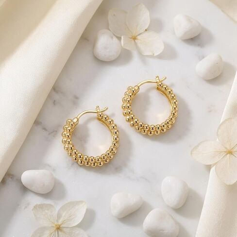 14K Gold Hoop Earrings for Women Gold Hoop Earrings Earrings for Women 14K Gold Earring for Womens Hoops Multi-Layer Beaded Design Hoops Earring for Womens in Saudi Arabia