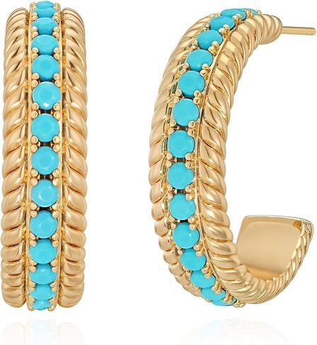 Hoop Earrings for Women, 14K Gold Plated Cubic Zirconia Turquoise Rope Texture Gem Earrings Classic Jewelry in Saudi Arabia