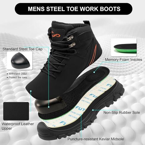 FUDYNMALC Mens Steel Toe Boots: Slip Resistant Puncture Safety Work Shoes Waterproof Comfortable for Industrial Construction in Saudi Arabia