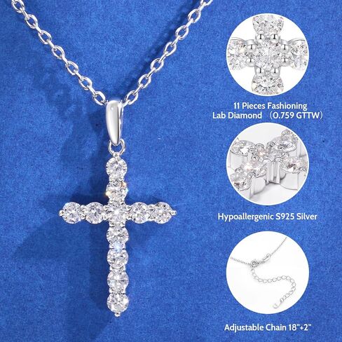 قلادة الصليب الماسي من Lab Grown Diamond، 0.759 قيراط من الألماس المسيحي الإيمان الصليب قلادة للنساء/الرجال، وضوح D اللون VVS1، فضة استرليني مضادة للحساسية / مطلية بالذهب عيار 18 قيراط، سلسلة 18 بوصة + 2 بوصة in Kuwait