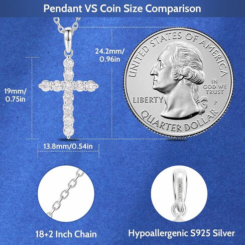 قلادة الصليب الماسي من Lab Grown Diamond، 0.759 قيراط من الألماس المسيحي الإيمان الصليب قلادة للنساء/الرجال، وضوح D اللون VVS1، فضة استرليني مضادة للحساسية / مطلية بالذهب عيار 18 قيراط، سلسلة 18 بوصة + 2 بوصة in Kuwait