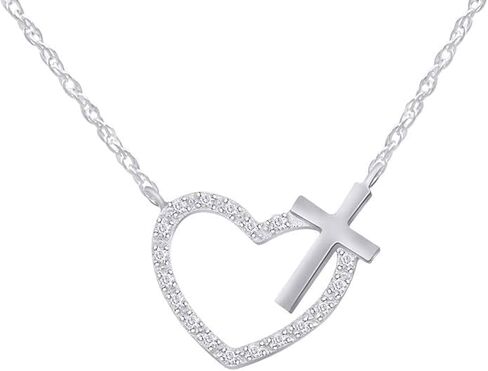 1.1 Ct Round Cut Diamond Diamond Heart with Cross Pendant Necklace for Women Sterling Silver with 14k White Gold Plated 18" Chain Necklace in Saudi Arabia