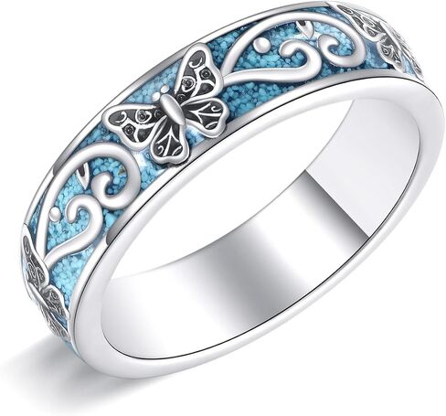 Turquoise Ring 18K White Gold Plated Tree Of Life/Lotus/Butterfly/Sunflower/Bee/Hummingbird/Dragonfly/Wave/Mountain Ring Jewelry Gifts For Women Mother Lover in Kuwait
