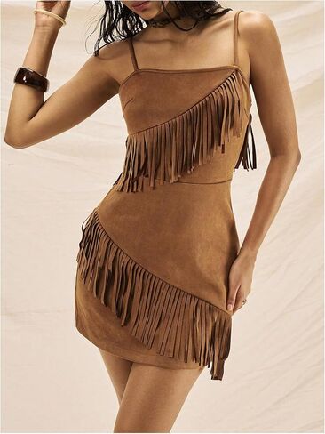 فستان Floerns النسائي من الجلد السويدي الصناعي هامش راعية البقر الغربية فستان قصير بدون أكمام Bodycon Country Concert Outfit in Kuwait
