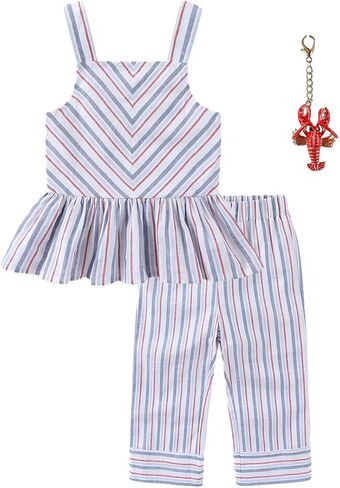 Sperry Girls Striped Faux Linen Peplum Top and Pants Set with Bag Charm for Big Kids in Kuwait