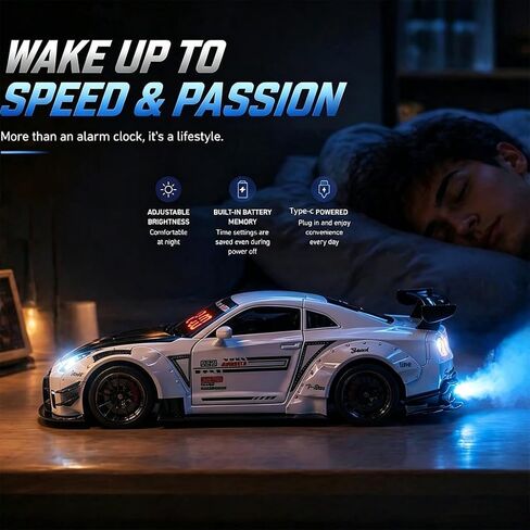 Sports Car Alarm Clock with Engine Sound, Hypercar Model Digital LED Desk Decor with Exhaust Mist & Light Effects, Interactive Pull Back Race Car Clock, for Boys & Auto Enthusia in Saudi Arabia