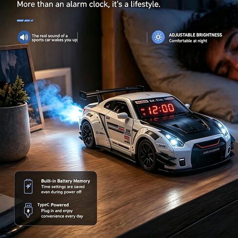 Sports Car Alarm Clock with Engine Sound, Hypercar Model Digital LED Desk Decor with Exhaust Mist & Light Effects, Interactive Pull Back Race Car Clock, for Boys & Auto Enthusia in Saudi Arabia