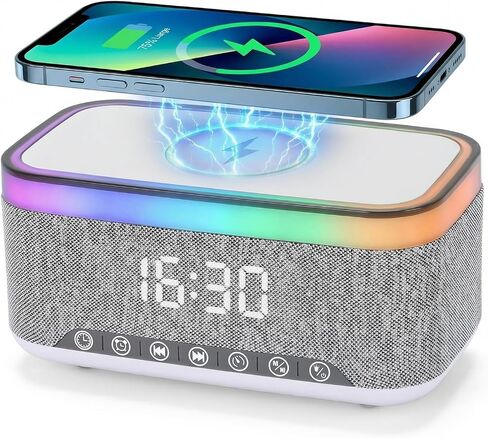 Bluetooth Alarm Clock Speaker, Dimmable Clock Radio with 15W Wireless Charging, 13-Color Night Light, White Noise, FM Radio, USB/AUX, Digital Clock (24H) for Home, Office, Bedroom and Present(White) in Saudi Arabia