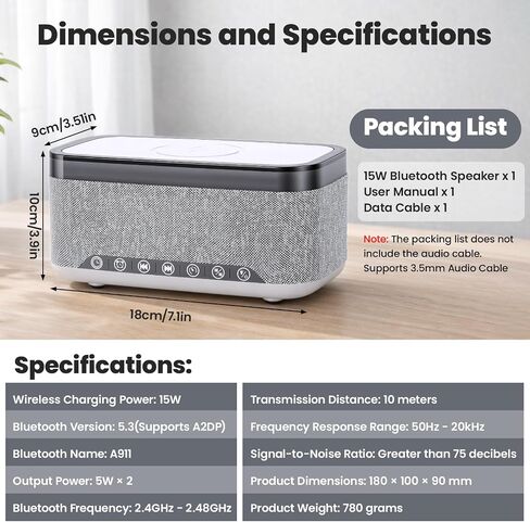 Bluetooth Alarm Clock Speaker, Dimmable Clock Radio with 15W Wireless Charging, 13-Color Night Light, White Noise, FM Radio, USB/AUX, Digital Clock (24H) for Home, Office, Bedroom and Present(White) in Saudi Arabia