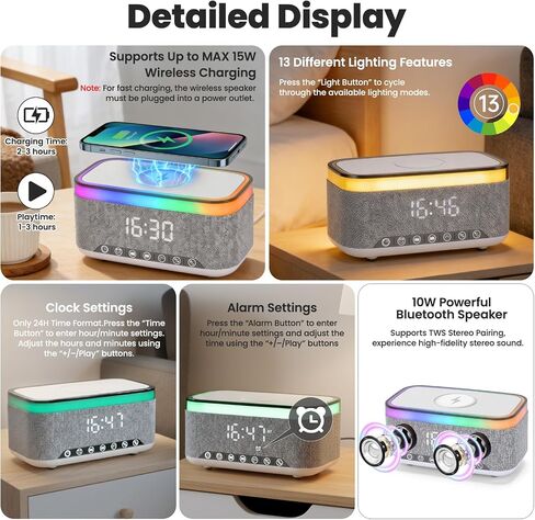 Bluetooth Alarm Clock Speaker, Dimmable Clock Radio with 15W Wireless Charging, 13-Color Night Light, White Noise, FM Radio, USB/AUX, Digital Clock (24H) for Home, Office, Bedroom and Present(White) in Saudi Arabia