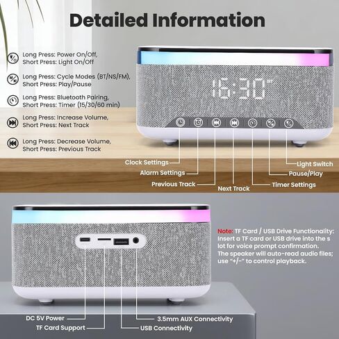Bluetooth Alarm Clock Speaker, Dimmable Clock Radio with 15W Wireless Charging, 13-Color Night Light, White Noise, FM Radio, USB/AUX, Digital Clock (24H) for Home, Office, Bedroom and Present(White) in Saudi Arabia