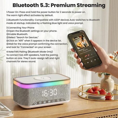 Bluetooth Alarm Clock Speaker, Dimmable Clock Radio with 15W Wireless Charging, 13-Color Night Light, White Noise, FM Radio, USB/AUX, Digital Clock (24H) for Home, Office, Bedroom and Present(White) in Saudi Arabia