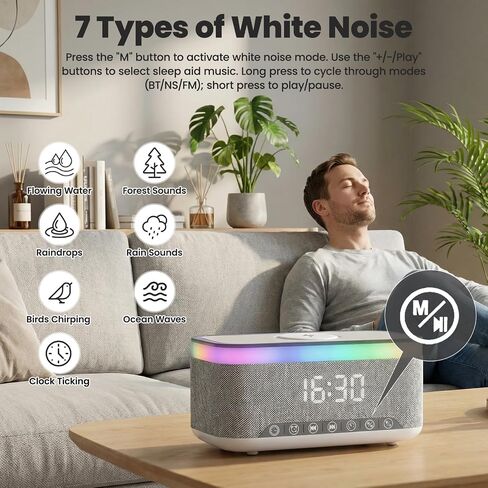Bluetooth Alarm Clock Speaker, Dimmable Clock Radio with 15W Wireless Charging, 13-Color Night Light, White Noise, FM Radio, USB/AUX, Digital Clock (24H) for Home, Office, Bedroom and Present(White) in Saudi Arabia