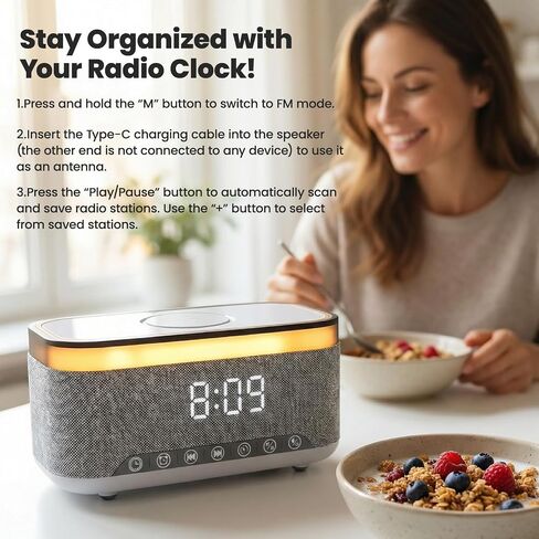 Bluetooth Alarm Clock Speaker, Dimmable Clock Radio with 15W Wireless Charging, 13-Color Night Light, White Noise, FM Radio, USB/AUX, Digital Clock (24H) for Home, Office, Bedroom and Present(White) in Saudi Arabia