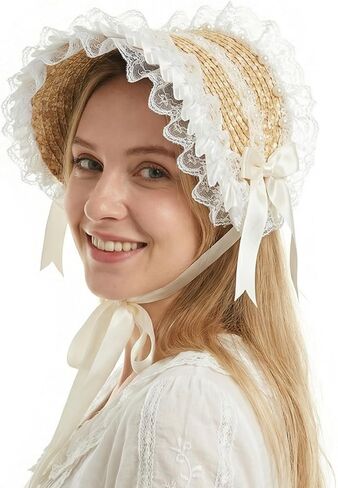 Victorian Tea Party Sun Hat for Women, Lolita Bow Flower Ribbons Straw Hat Summer Beach Bonnet Cap Travel Holiday in Saudi Arabia