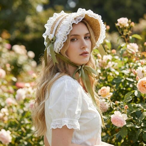 Victorian Tea Party Sun Hat for Women, Lolita Bow Flower Ribbons Straw Hat Summer Beach Bonnet Cap Travel Holiday in Saudi Arabia