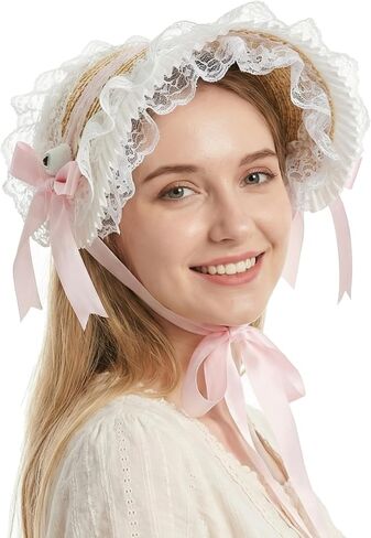 Victorian Tea Party Sun Hat for Women, Lolita Bow Flower Ribbons Straw Hat Summer Beach Bonnet Cap Travel Holiday in Saudi Arabia