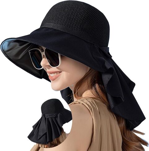 Women Wide-Brim Sun Hats UV-Protection with Neck Flap Breathable Mesh Beach Bucket Hat for Hiking Fishing Gardening in Saudi Arabia