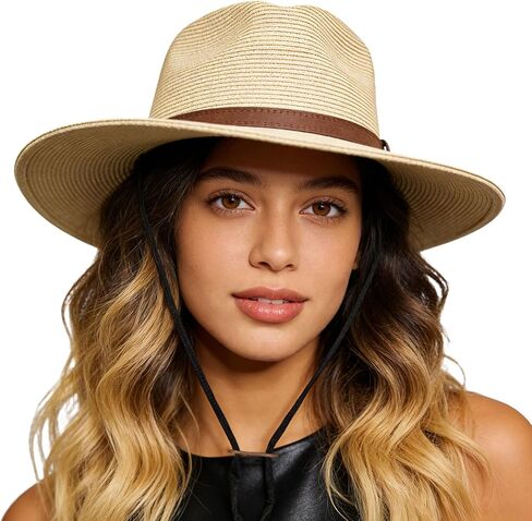Women's Wide Brim Straw Sun Hat, Foldable Panama Style Beach Hat with Chin Strap for Travel Gardening Hiking in Saudi Arabia