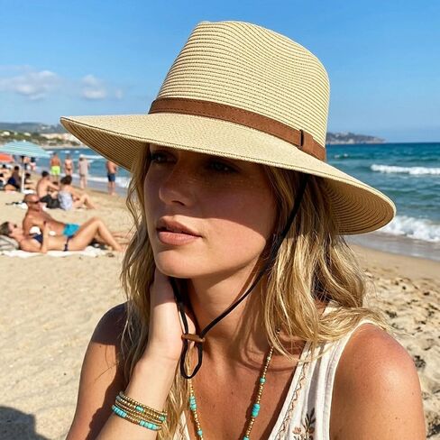 Women's Wide Brim Straw Sun Hat, Foldable Panama Style Beach Hat with Chin Strap for Travel Gardening Hiking in Saudi Arabia