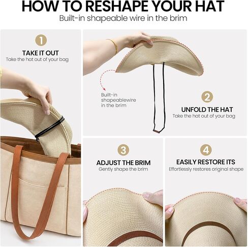 Women's Wide Brim Straw Sun Hat, Foldable Panama Style Beach Hat with Chin Strap for Travel Gardening Hiking in Saudi Arabia
