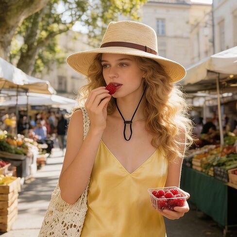 Women's Wide Brim Straw Sun Hat, Foldable Panama Style Beach Hat with Chin Strap for Travel Gardening Hiking in Saudi Arabia