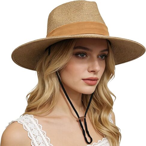 Women's Wide Brim Straw Sun Hat, Foldable Panama Style Beach Hat with Chin Strap for Travel Gardening Hiking in Saudi Arabia