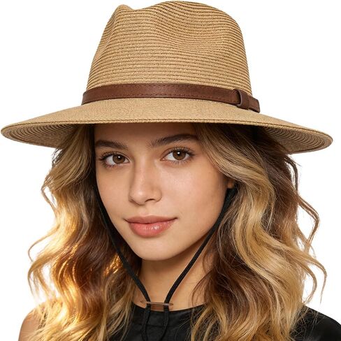 Women's Wide Brim Straw Sun Hat, Foldable Panama Style Beach Hat with Chin Strap for Travel Gardening Hiking in Saudi Arabia