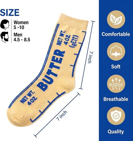 2 Pairs Funny Butter Socks, Novelty Yellow Crazy Crew Socks One Size for Women 5–10 & Men 4.5–8.5 for Bakers, Silly Fun Foodie Gifts in Saudi Arabia