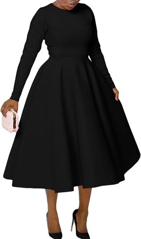 Women's Vintage Swing Dresses Long Sleeve A Line Casual Party Cocktail Church Formal Maxi Dress with Pockets in Saudi Arabia