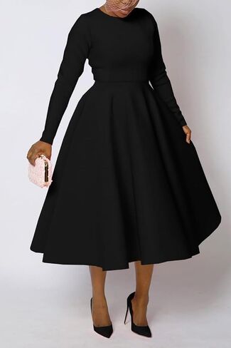 Women's Vintage Swing Dresses Long Sleeve A Line Casual Party Cocktail Church Formal Maxi Dress with Pockets in Saudi Arabia