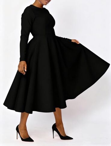 Women's Vintage Swing Dresses Long Sleeve A Line Casual Party Cocktail Church Formal Maxi Dress with Pockets in Saudi Arabia