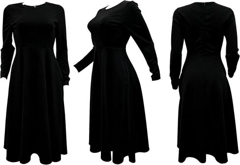 Women's Vintage Swing Dresses Long Sleeve A Line Casual Party Cocktail Church Formal Maxi Dress with Pockets in Saudi Arabia