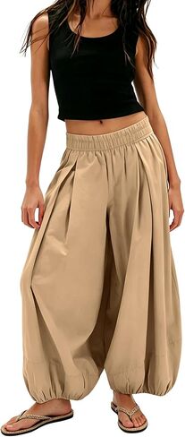 Women's Wide Leg Balloon Pants Loose Elastic Waist Trousers Summer Casual Workout Harem Pants with Pockets in Saudi Arabia