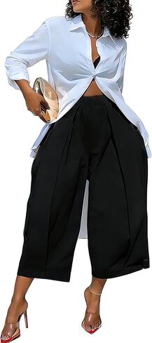 Women Palazzo Pants Wide Leg Cropped Capris Baggy Casual High Pants Trousers Stretchy Waist with Pockets in Saudi Arabia