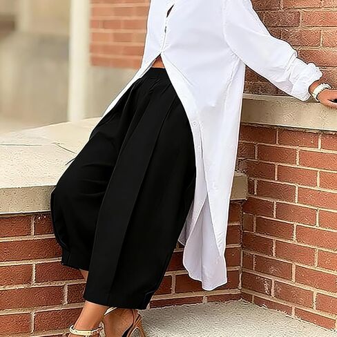 Women Palazzo Pants Wide Leg Cropped Capris Baggy Casual High Pants Trousers Stretchy Waist with Pockets in Saudi Arabia