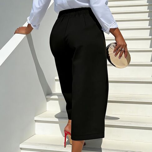 Women Palazzo Pants Wide Leg Cropped Capris Baggy Casual High Pants Trousers Stretchy Waist with Pockets in Saudi Arabia